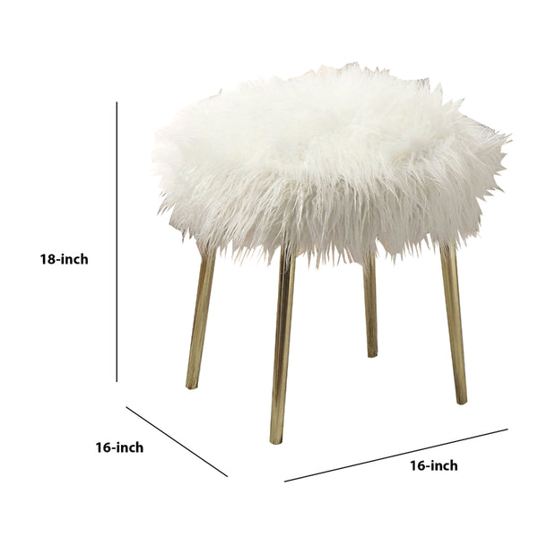 Benzara Faux Fur Upholstered Contemporary Metal Ottoman White And Gold - BM205378