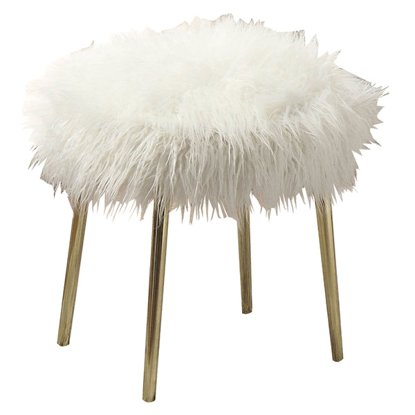 benzara Faux Fur Upholstered Contemporary Metal Ottoman White and Gold - BM205378