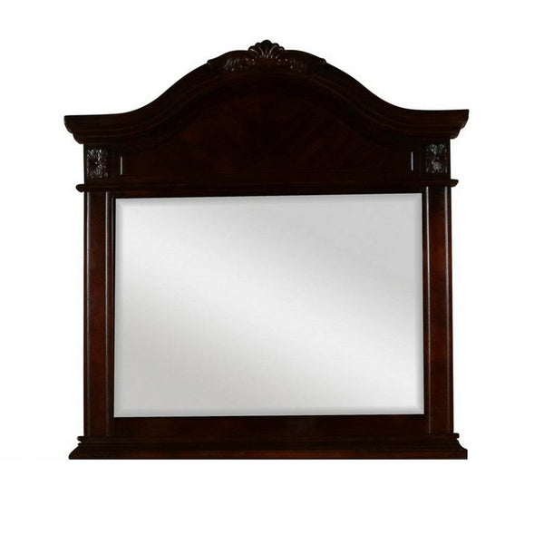 Benzara Fay 42 X 44 Dresser Mirror Arched Hand Carved Frame Dark Brown Maple Wood - BM309550