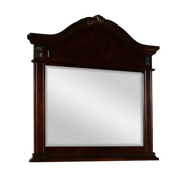 benzara Fay 42 x 44 Dresser Mirror Arched Hand Carved Frame Dark Brown Maple Wood - BM309550