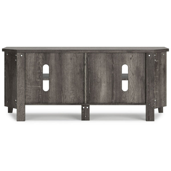 Benzara Faye Corner TV Media Console 4 Shelves 58 Inch Rustic Gray Faux Wood -BM327411