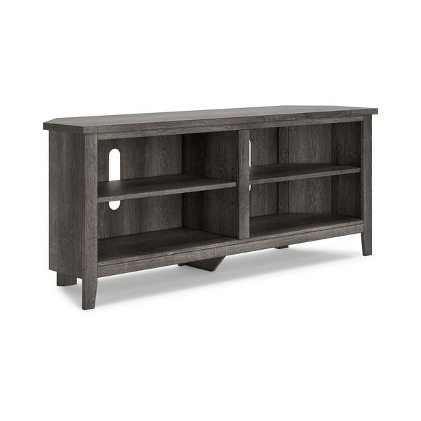 benzara Faye Corner TV Media Console 4 Shelves 58 Inch Rustic Gray Faux Wood -BM327411