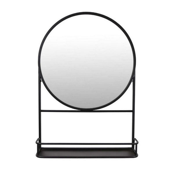 Benzara Feno Decorative Wall Mirror 28 Inch Round Black Metal Frame W Rack -BM331363