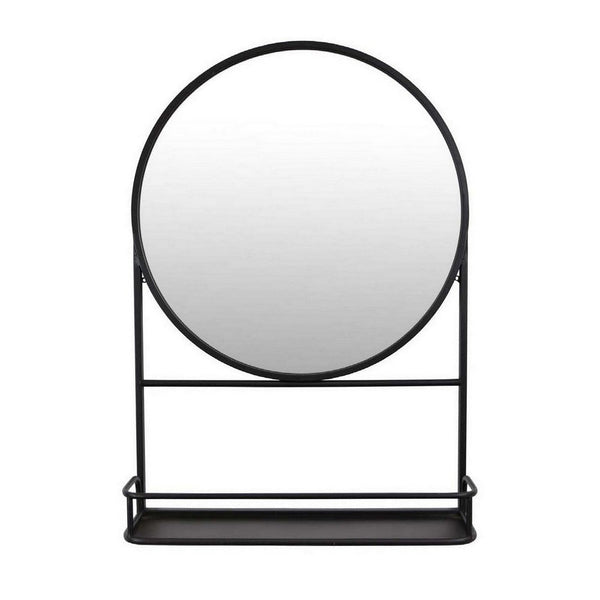Benzara Feno Decorative Wall Mirror 28 Inch Round Black Metal Frame W Rack -BM331363