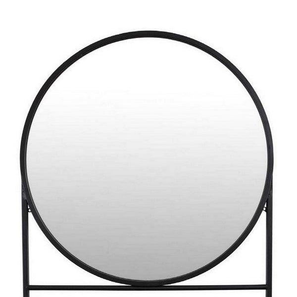 Benzara Feno Decorative Wall Mirror 28 Inch Round Black Metal Frame W Rack -BM331363