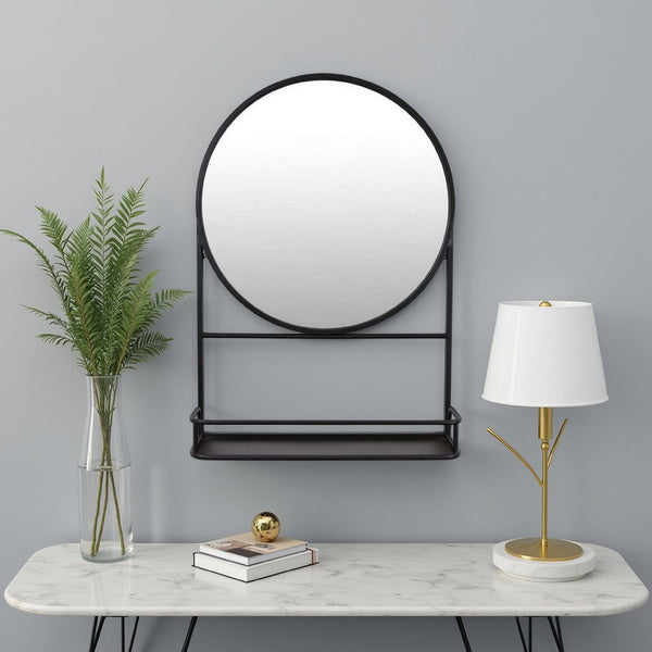 benzara Feno Decorative Wall Mirror 28 Inch Round Black Metal Frame w Rack -BM331363