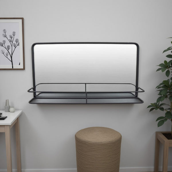 benzara Feno Decorative Wall Mirror 30 Inch Landscape Black Metal Frame -BM331359