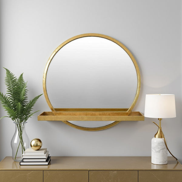 benzara Feno Decorative Wall Mirror w Rack 22 Inch Round Gold Metal Frame -BM331361