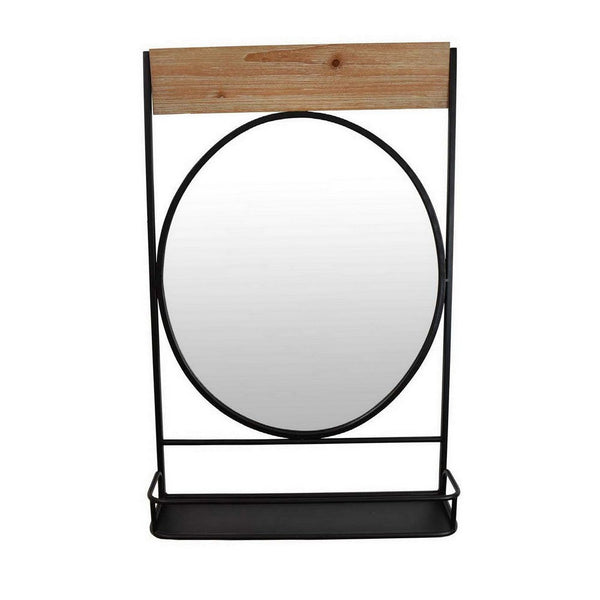 Benzara Feno Decorative Wall Mirror W Rack 30 Inch Round Black Metal Frame -BM331362