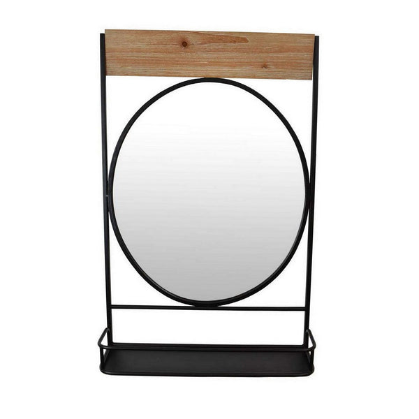 Benzara Feno Decorative Wall Mirror W Rack 30 Inch Round Black Metal Frame -BM331362