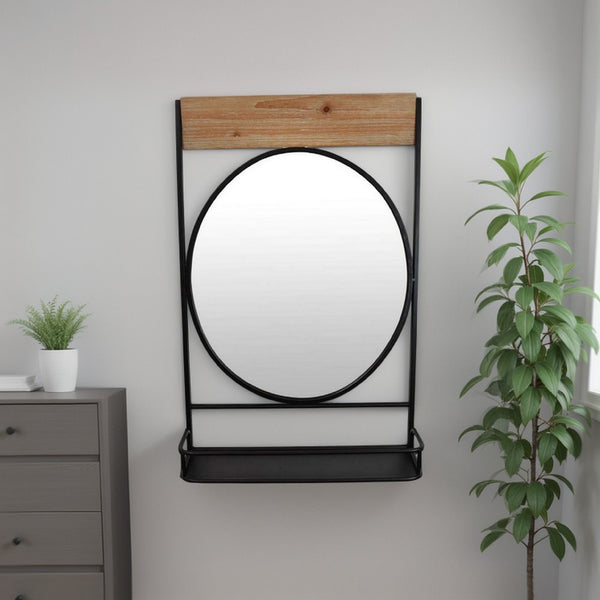 benzara Feno Decorative Wall Mirror w Rack 30 Inch Round Black Metal Frame -BM331362