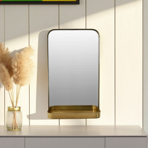 benzara Feno Decorative Wall Mirror w Rack Portrait Style 30 Inch Gold Metal -BM331360