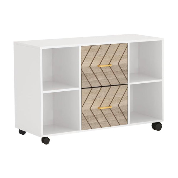 Benzara File Cabinet 4 Storage Shelves 2 Brown Drawers Wheel Base 39 Inch -BM328628