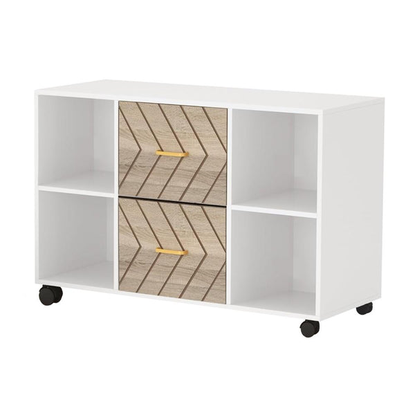 Benzara File Cabinet 4 Storage Shelves 2 Brown Drawers Wheel Base 39 Inch -BM328628