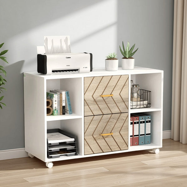 benzara File Cabinet 4 Storage Shelves 2 Brown Drawers Wheel Base 39 Inch -BM328628