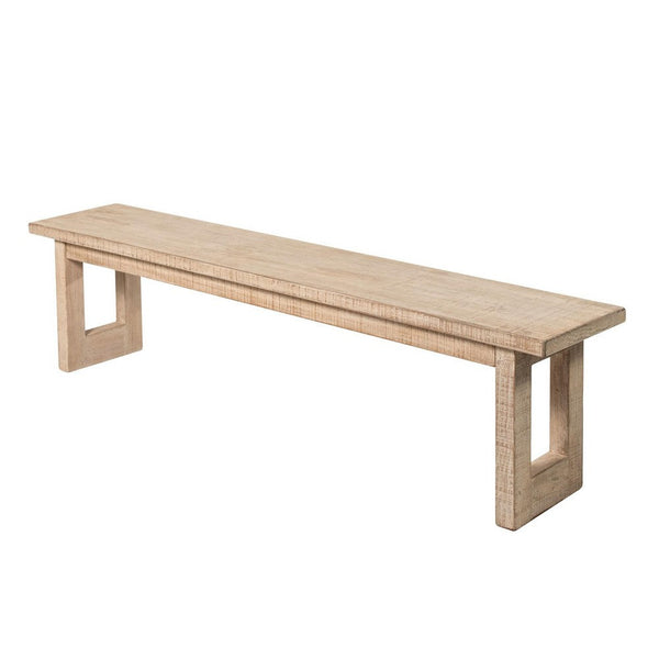 Benzara Fini Dining Bench 64 Inch Pine Wood Frame Sled Base Whitewash Brown -BM326611
