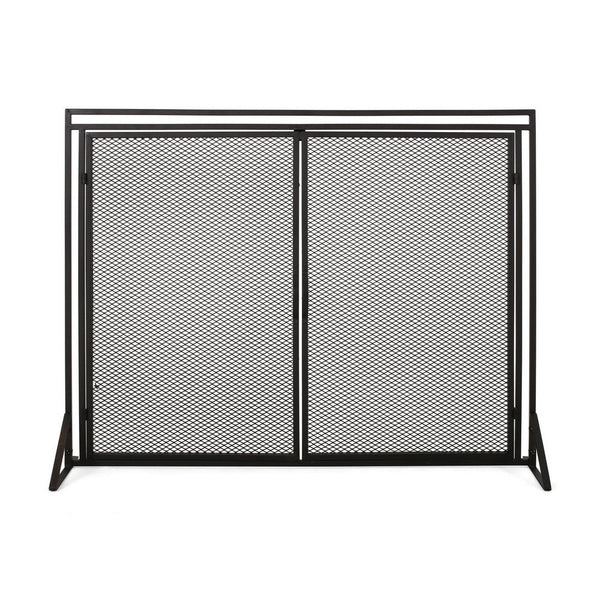 Benzara Fireplace Screen 2 Doors Open Diamond Mesh Design Matte Black Iron -BM324999