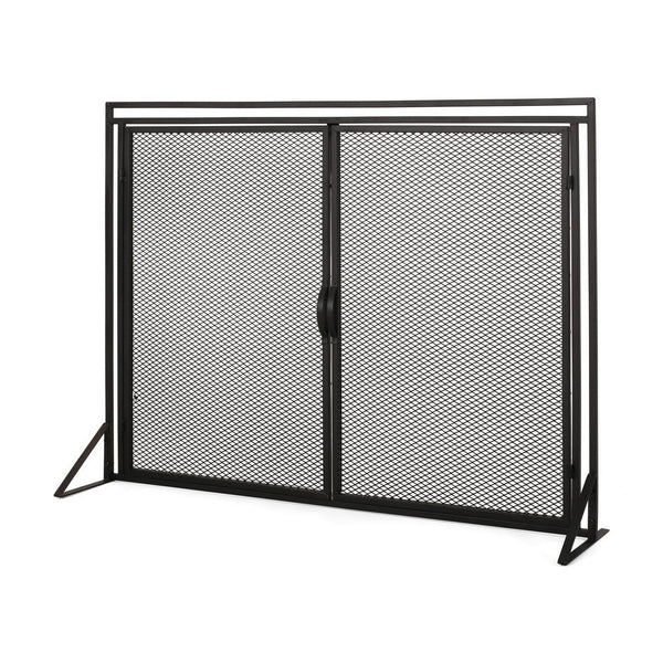 benzara Fireplace Screen 2 Doors Open Diamond Mesh Design Matte Black Iron -BM324999