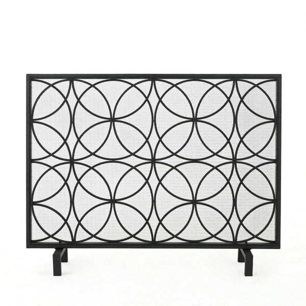 Benzara Fireplace Screen Overlapping Circles W Mesh 41x31 Matte Black Frame -BM324940