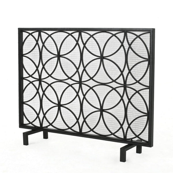 benzara Fireplace Screen Overlapping Circles w Mesh 41x31 Matte Black Frame -BM324940