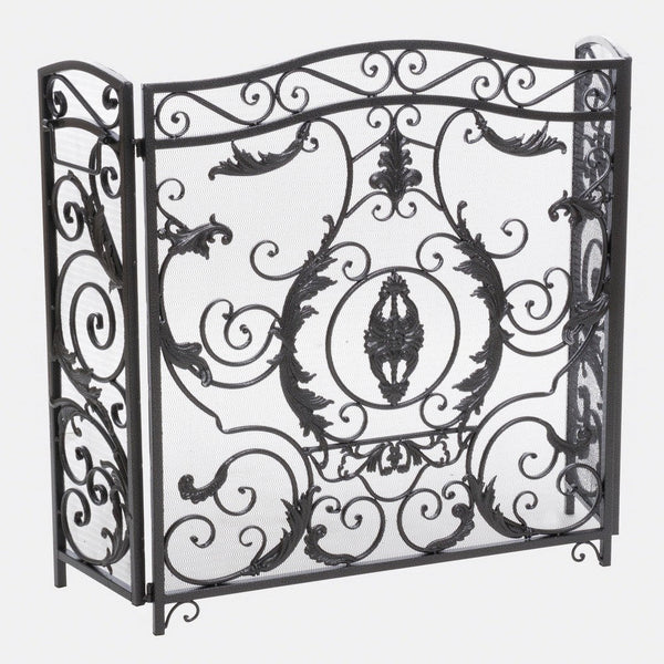 Benzara Fireplace Screen Scrollwork Mesh Design Iron W Black Silver Finish -BM324925