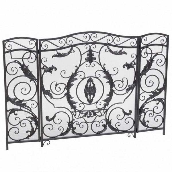 benzara Fireplace Screen Scrollwork Mesh Design Iron w Black Silver Finish -BM324925