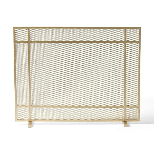 Benzara Fireplace Screen Single Panel Design Diamond Mesh 32 X 41 Gold Iron -BM335115