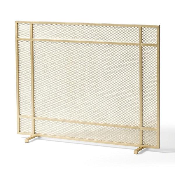 benzara Fireplace Screen Single Panel Design Diamond Mesh 32 x 41 Gold Iron -BM335115