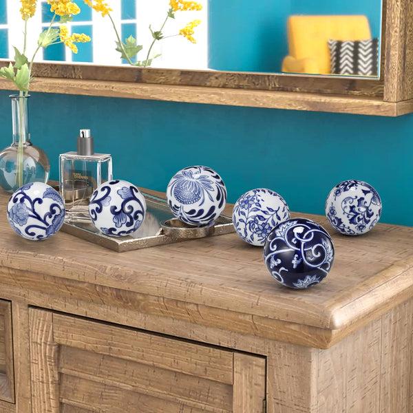 benzara Flashy Ceramic decorative Orbs Blue and White Set of 6 - BM154492