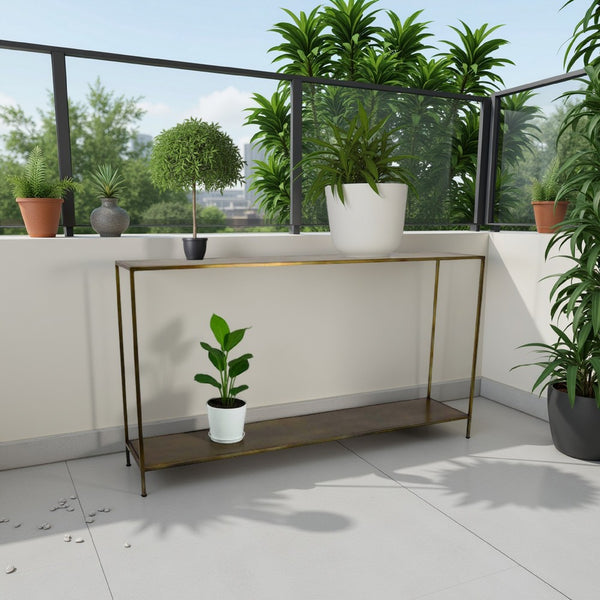 benzara Fleur Plant Stand Console Lower Shelf Slim Brown Metal Frame 54 Inch -BM330153