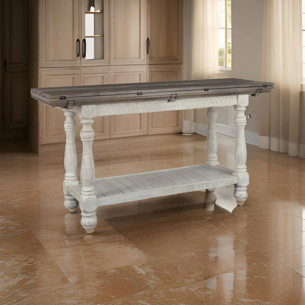 benzara Flip Top Wooden Sofa Table with Open Bottom Shelf Brown and Antique White - BM227432