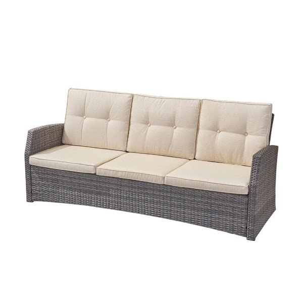 Benzara Foi 3 Seater Outdoor Sofa Beige Cushions 75 Inch Gray Woven Frame -BM335176