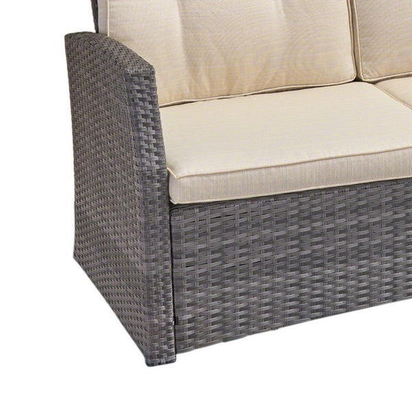 Benzara Foi 3 Seater Outdoor Sofa Beige Cushions 75 Inch Gray Woven Frame -BM335176