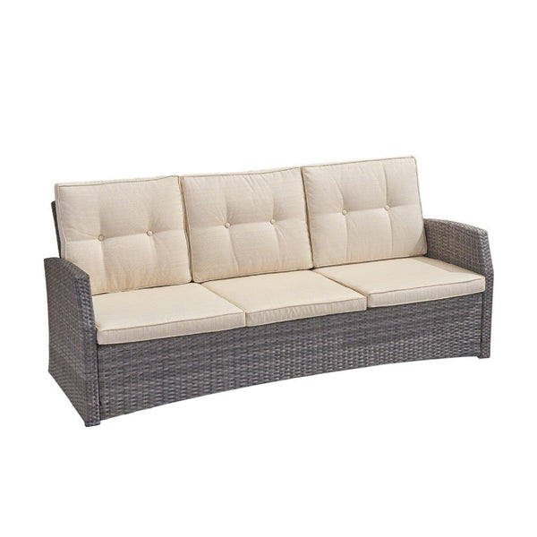 benzara Foi 3 Seater Outdoor Sofa Beige Cushions 75 Inch Gray Woven Frame -BM335176