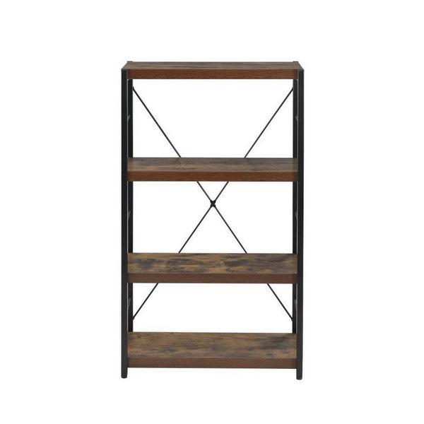 Benzara Four Tiered Metal Framed Wooden Bookshelf Weathered Oak Brown And Black - BM191429