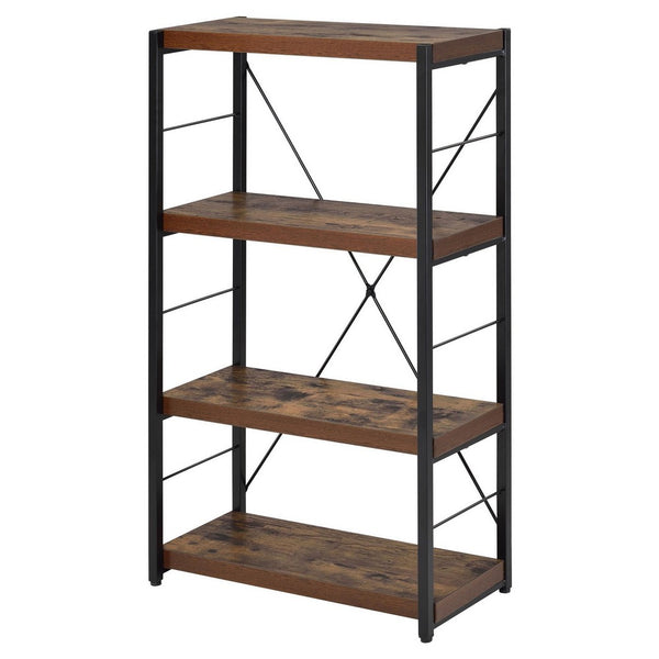 benzara Four Tiered Metal Framed Wooden Bookshelf Weathered Oak Brown and Black - BM191429