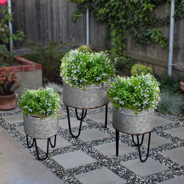 benzara Galvanized Sheet Planter Tubs Iron Powder Coated Hairpin Legs Set of 3 Gray Black - BM154147