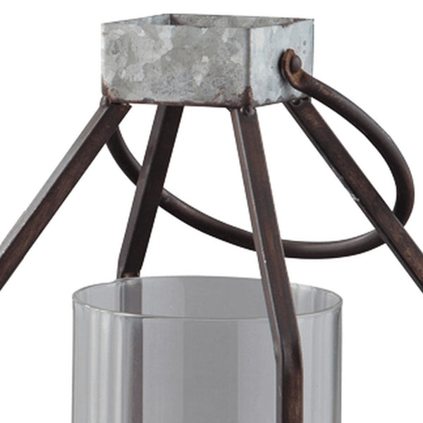 Benzara Geometric Lantern With Glass Hurricane Set Of 2 Black And Gray - BM230988