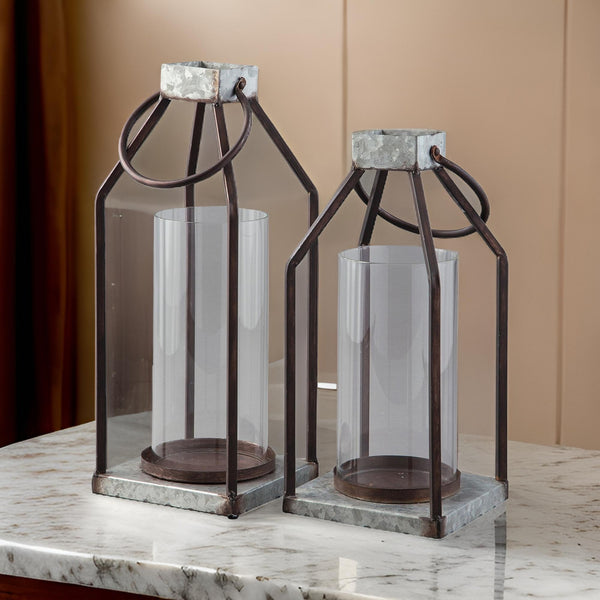 benzara Geometric Lantern with Glass Hurricane Set of 2 Black and Gray - BM230988