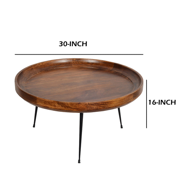 Benzara Gia Round Mango Wood Coffee Table With Splayed Metal Legs Brown And Black- UPT-183000
