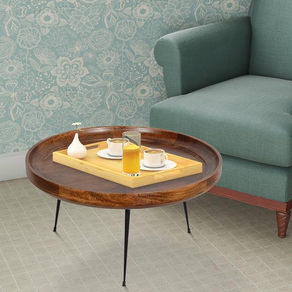 benzara Gia Round Mango Wood Coffee Table With Splayed Metal Legs Brown and Black- UPT-183000