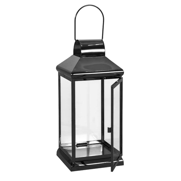 Benzara Giana 16 Inch Lantern Square Black Stainless Steel Frame Tempered Glass -BM321651
