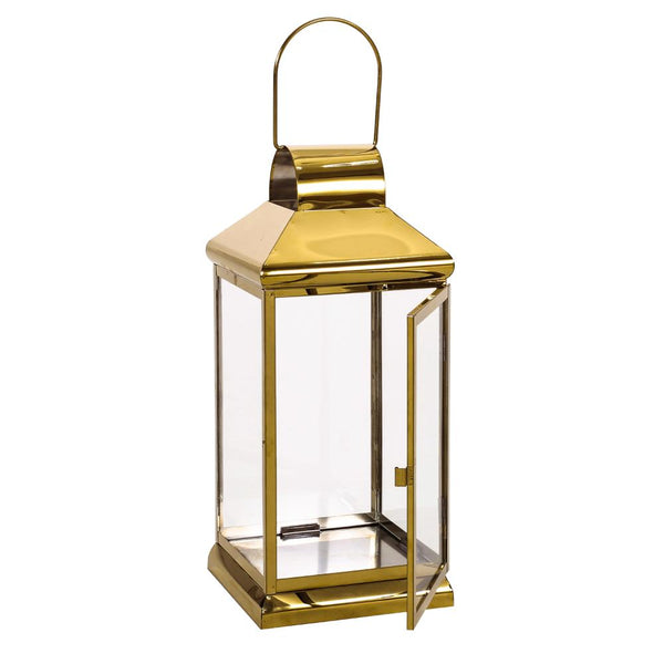 Benzara Giana 16 Inch Lantern Square Gold Stainless Steel Frame Tempered Glass -BM321653