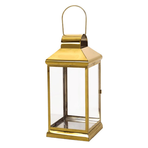 Benzara Giana 16 Inch Lantern Square Gold Stainless Steel Frame Tempered Glass -BM321653