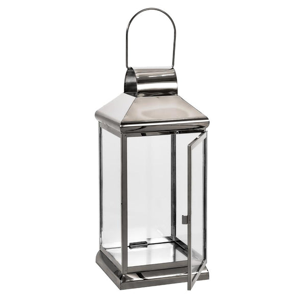 Benzara Giana 16 Inch Lantern Square Silver Stainless Steel Frame Tempered Glass -BM321652
