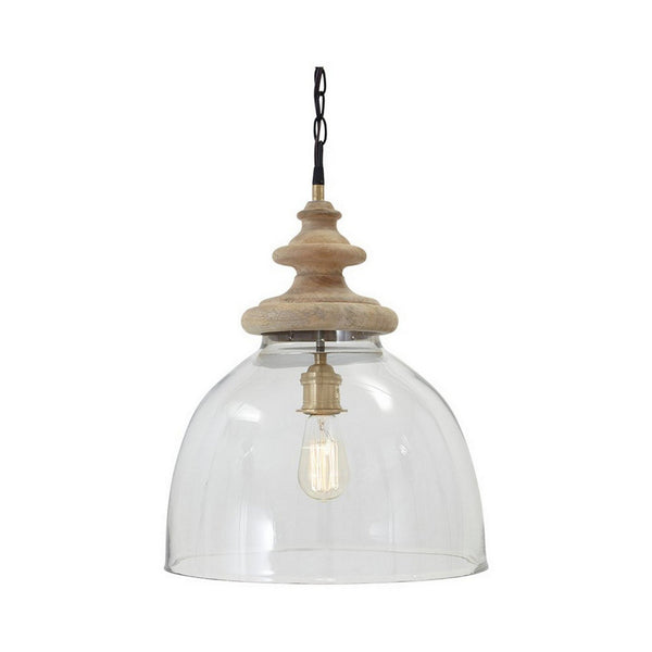benzara Glass Dome Pendant Light with Wood Finial Crown Top Brown and Clear - BM227175
