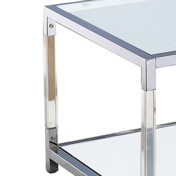 Benzara Glass Top Metal Coffee Table With Open Bottom Shelf Silver And Clear - BM203952