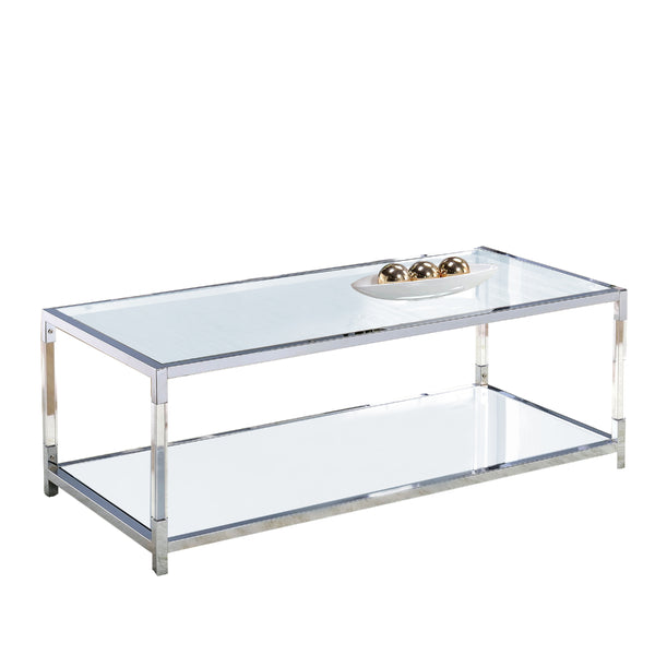 benzara Glass Top Metal Coffee Table with Open Bottom Shelf Silver and Clear - BM203952