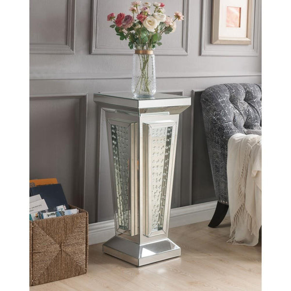benzara Glass Top Pedestal Stand with Mirror Panel and Faux Crystal Silver - BM186945
