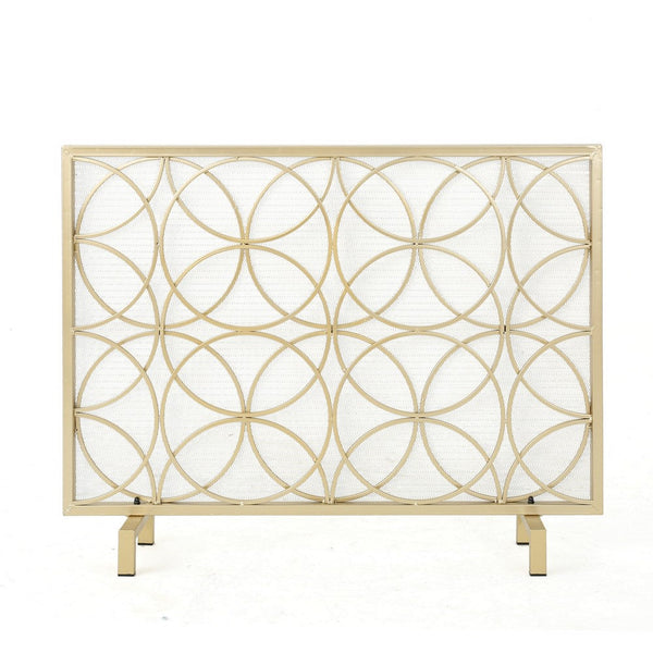 Benzara Gold Fireplace Screen Single Panel Overlapping Circle Design 41x31 -BM325000
